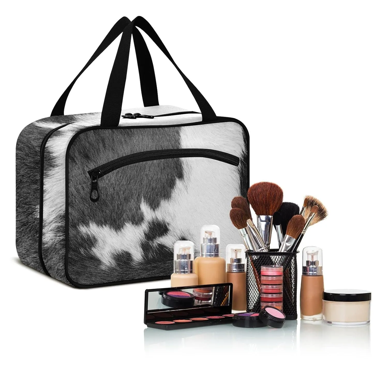 Fragment of a Skin of a Cow Black White Real Animal Skin 1 PC Hanging Travel Wash bag with Handles, Portable Makeup Organizer Brush Storage Case Portable Travel Cosmetic with Hook M