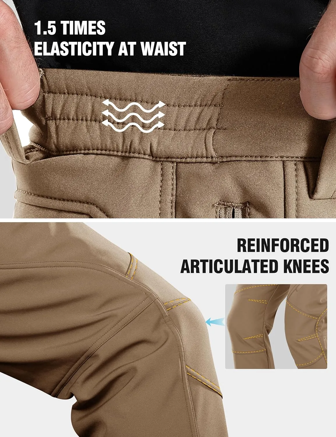 FREE SOLDIER Men's Fleece Lined Outdoor Cargo Hiking Pants Water Repellent Softshell Snow Ski Pants with Zipper Pockets