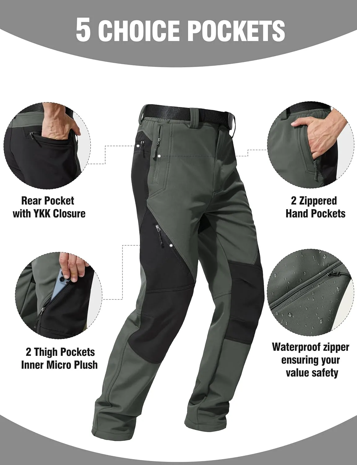 FREE SOLDIER Men's Fleece Lined Outdoor Cargo Hiking Pants Water Repellent Softshell Snow Ski Pants with Zipper Pockets