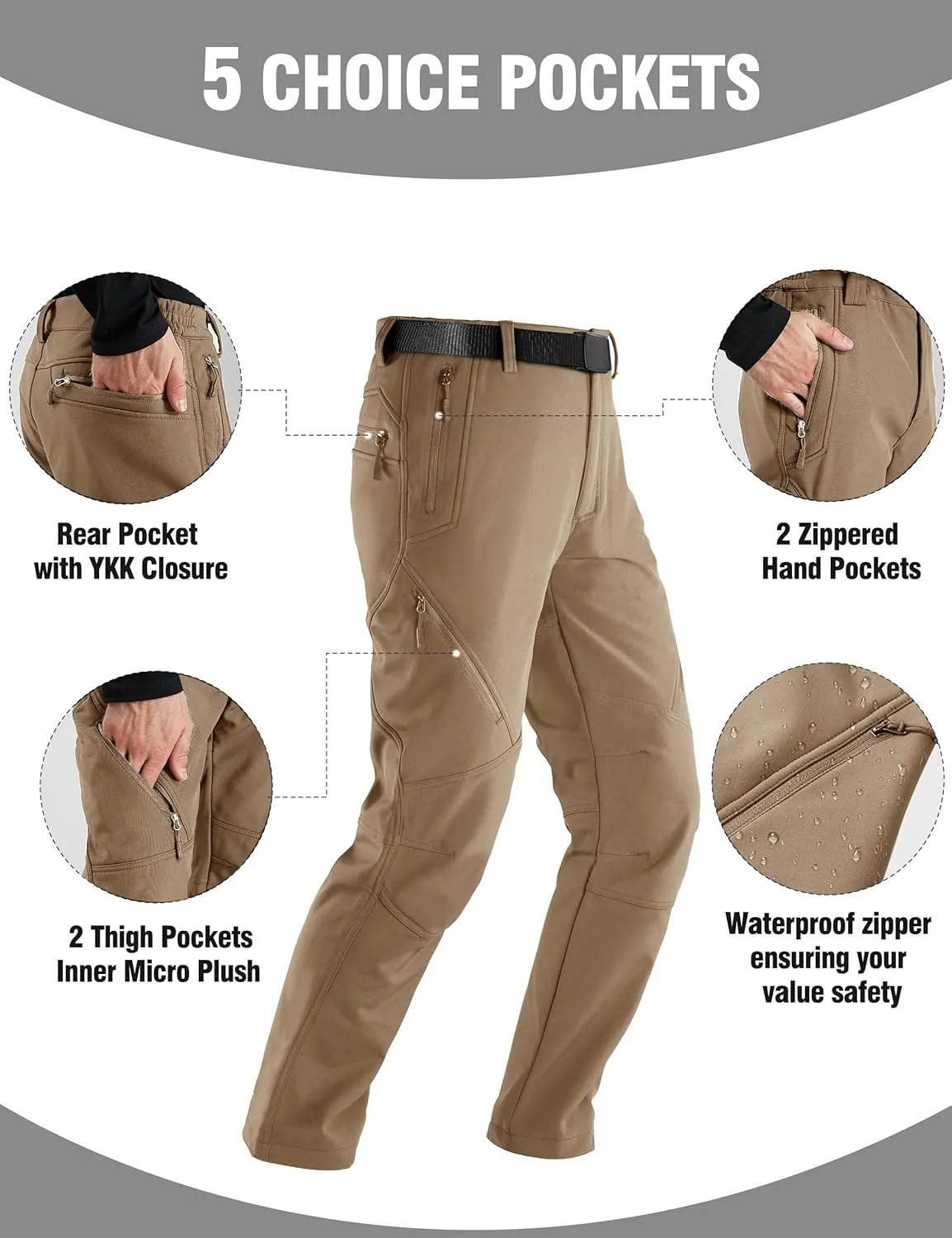 FREE SOLDIER Men's Fleece Lined Outdoor Cargo Hiking Pants Water Repellent Softshell Snow Ski Pants with Zipper Pockets