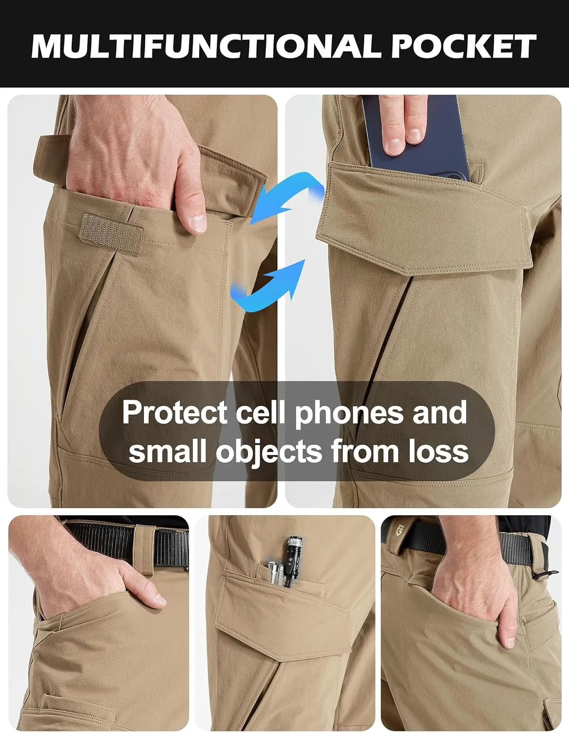 FREE SOLDIER Men's Tactical Water Repellent Ripstop Cargo Work Pants Men Hiking Nylon Spandex Trousers with 8 Pockets
