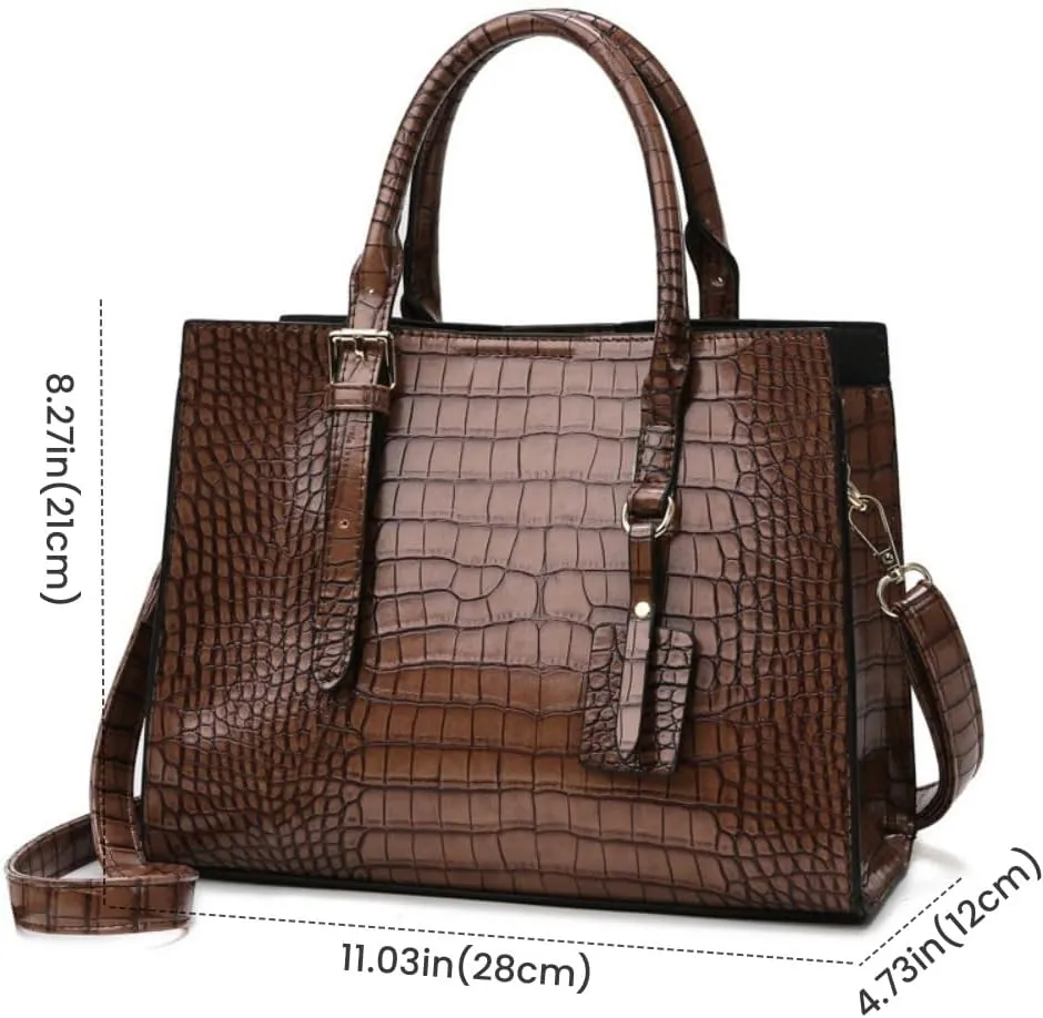 FUNSEED Handbag for Women, Large Capacity Crocodile Print PU Leather Tote Shoulder Bag with Zipper for Work