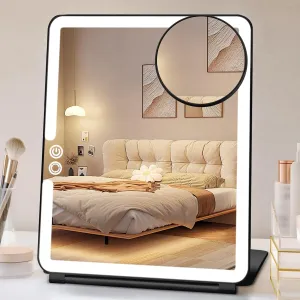 FUNTOUCH 10x7.5 Portable Large Travel Makeup Mirror with Light, 1800mAh Rechargeable Lighted Travel Makeup Mirrors with 3 Color Lights, Dimmable Folding Light Up Make up Mirror with Small 10x Mirror