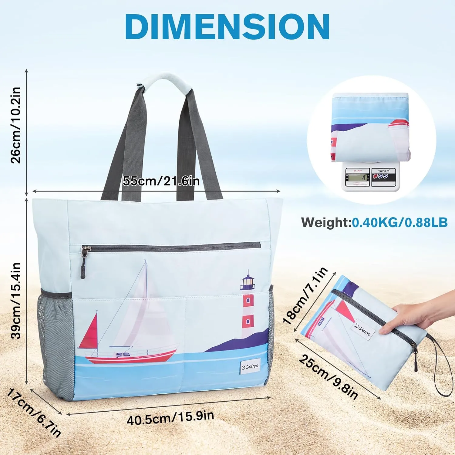 G4Free Beach Bag, Waterproof Sandproof Beach Tote Bag, Large Capacity Foldable for Women