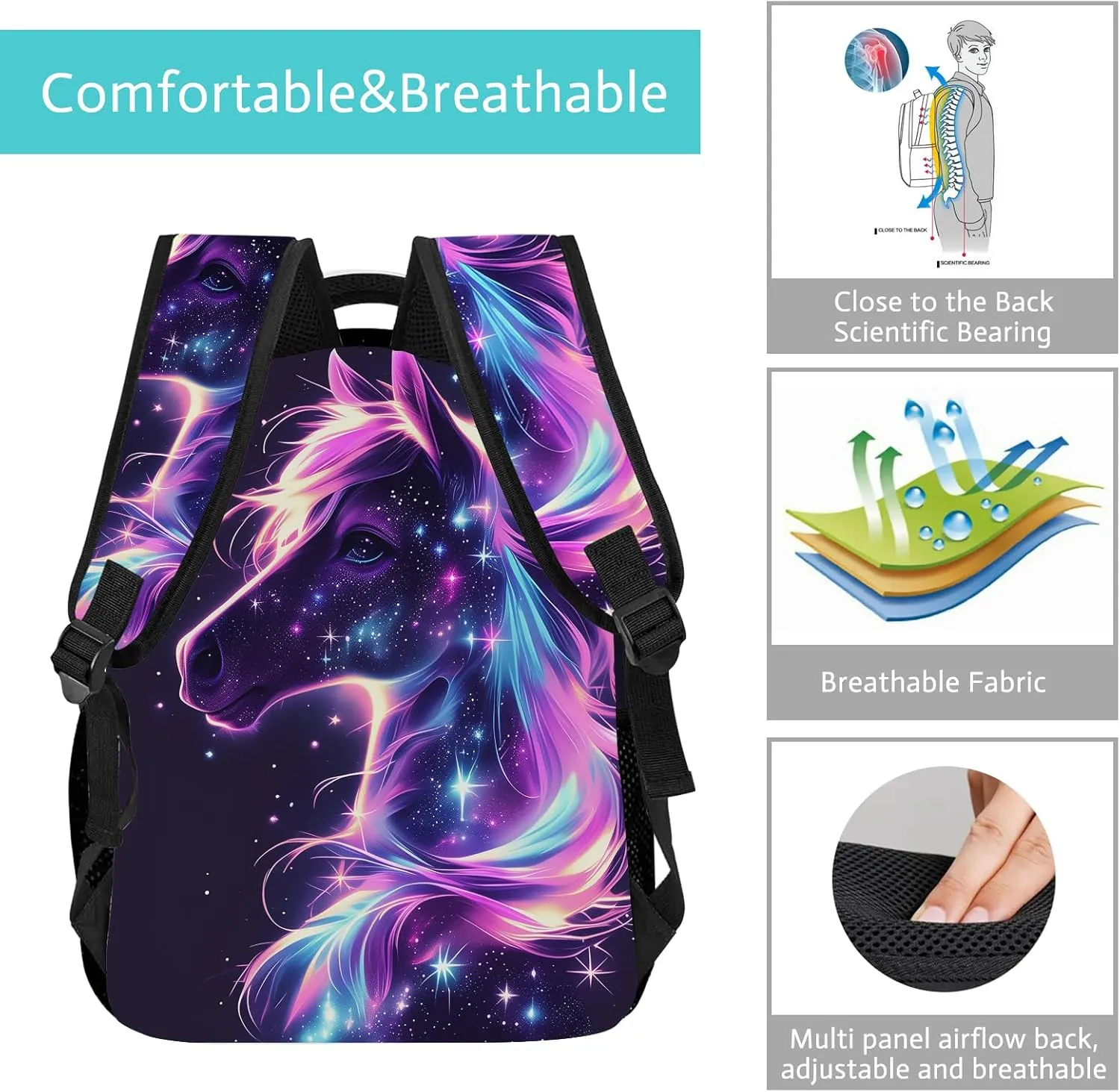 Galaxy Horse Backpack Cute Horse Backpack for Kids, Horse in Pink Purple Galaxy Starry Stars School Backpack, Universe Horse Bookbag Elementary Middle High School Backpack,16.5 Inch