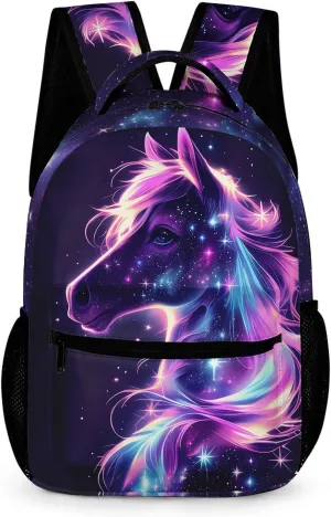 Galaxy Horse Backpack Cute Horse Backpack for Kids, Horse in Pink Purple Galaxy Starry Stars School Backpack, Universe Horse Bookbag Elementary Middle High School Backpack,16.5 Inch
