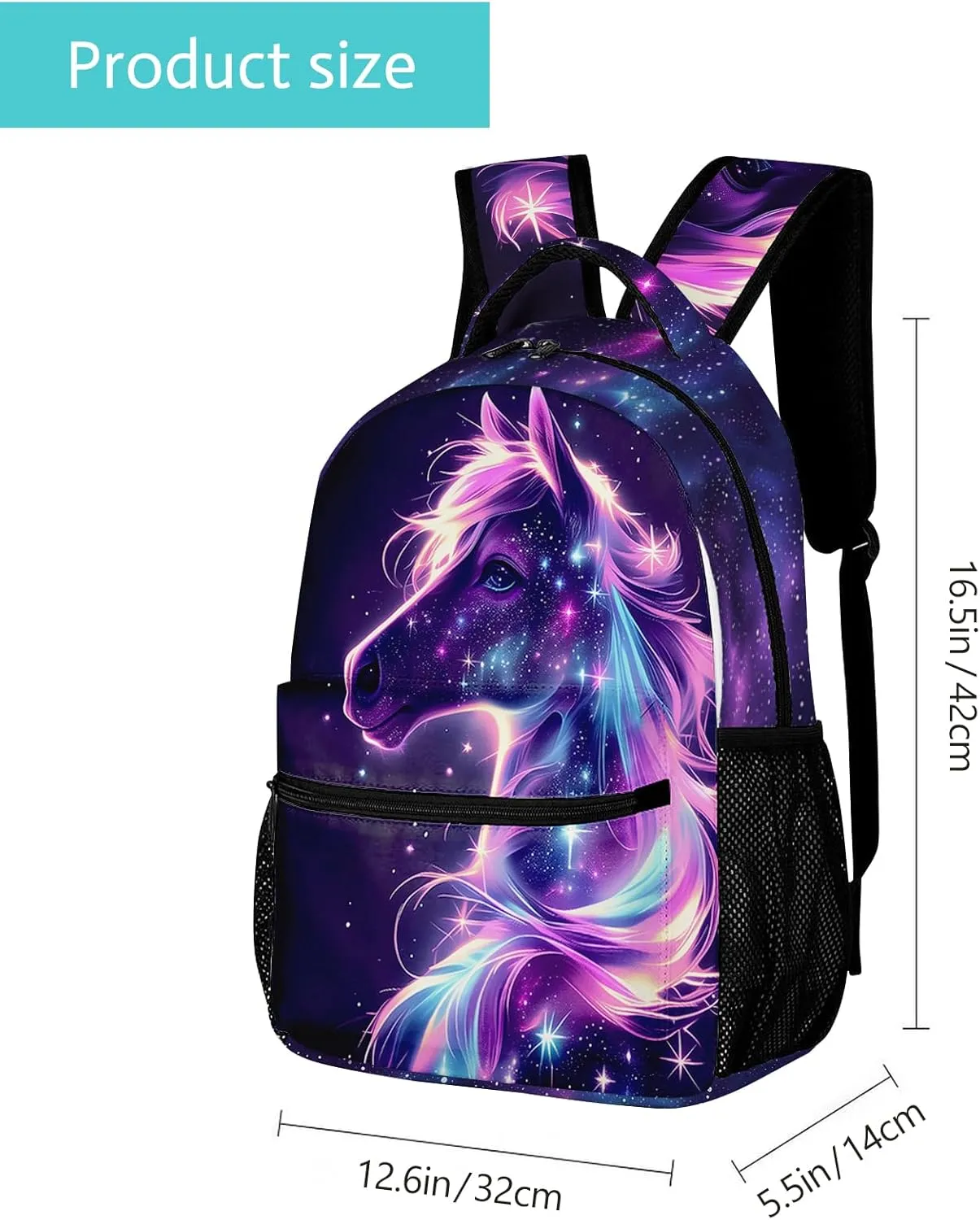 Galaxy Horse Backpack Cute Horse Backpack for Kids, Horse in Pink Purple Galaxy Starry Stars School Backpack, Universe Horse Bookbag Elementary Middle High School Backpack,16.5 Inch