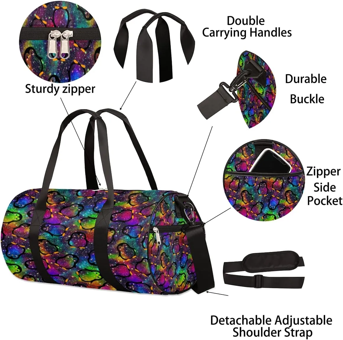 Galaxy Penguin Adorable Gym Bag Small Gym Duffel Bags for Men Women Overnight Weekender Bag Lightweight Sport Duffle Bag Carry On Gymbag