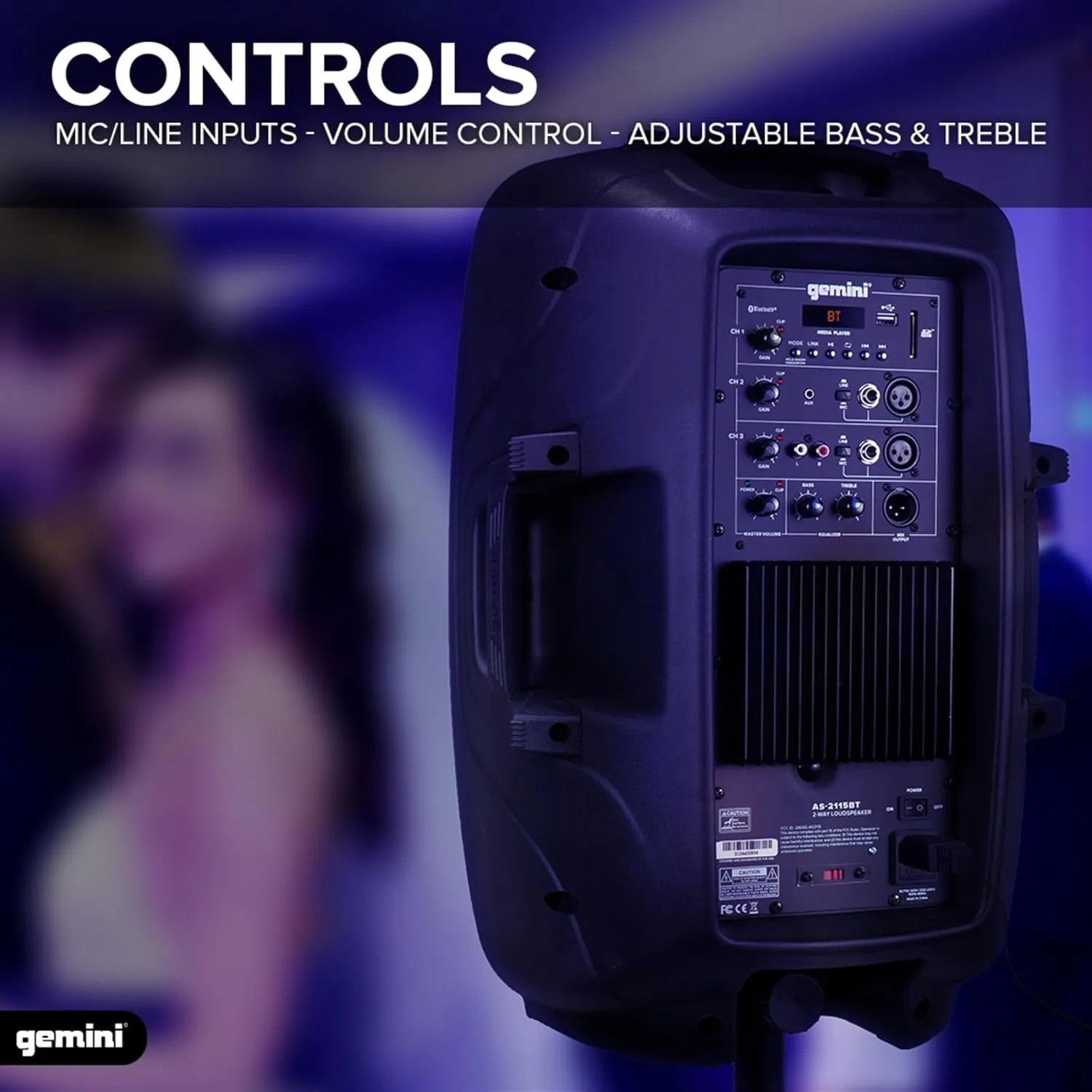 Gemini 15” 2000W Bluetooth PA Speaker with TWS Link, USB/SD/FM, XLR/RCA/AUX Inputs, Dual Mic & Guitar Inputs, EQ Control, Pro Sound System for DJs, Gigs, Events & Mobile Setups