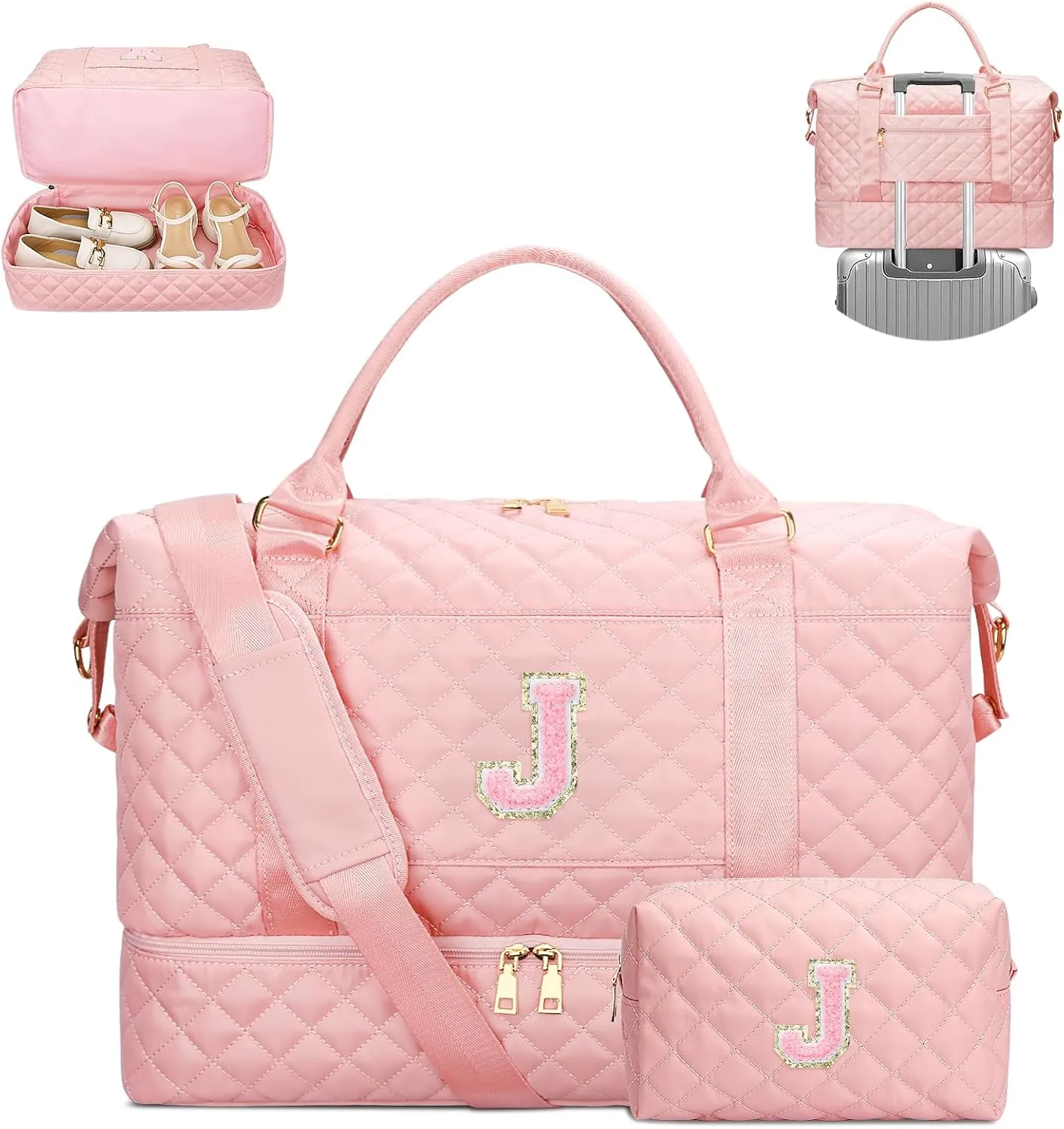 Gifts for Women Initial Travel Duffle Bag Quilted Weekender Carry-On Overnight with Cosmetic Bag, Gym Bag with Shoe Compartment Hospital Bag for Labor Delivery, Pink J