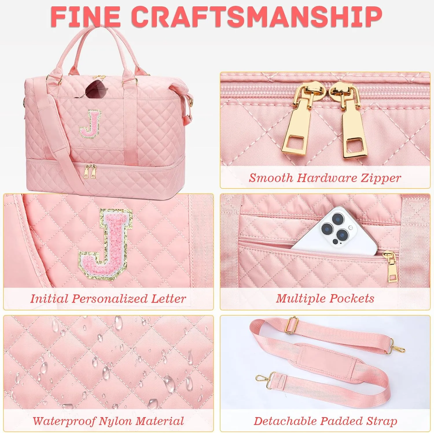 Gifts for Women Initial Travel Duffle Bag Quilted Weekender Carry-On Overnight with Cosmetic Bag, Gym Bag with Shoe Compartment Hospital Bag for Labor Delivery, Pink J