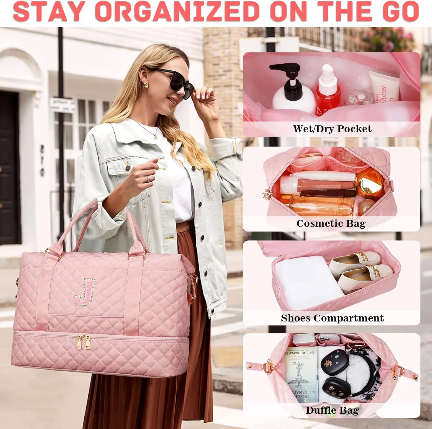 Gifts for Women Initial Travel Duffle Bag Quilted Weekender Carry-On Overnight with Cosmetic Bag, Gym Bag with Shoe Compartment Hospital Bag for Labor Delivery, Pink J