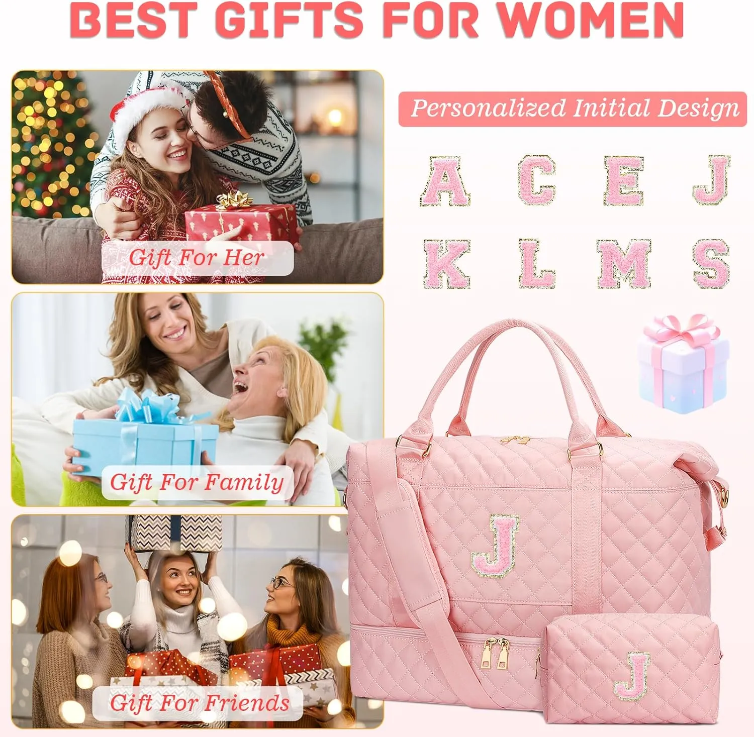 Gifts for Women Initial Travel Duffle Bag Quilted Weekender Carry-On Overnight with Cosmetic Bag, Gym Bag with Shoe Compartment Hospital Bag for Labor Delivery, Pink J