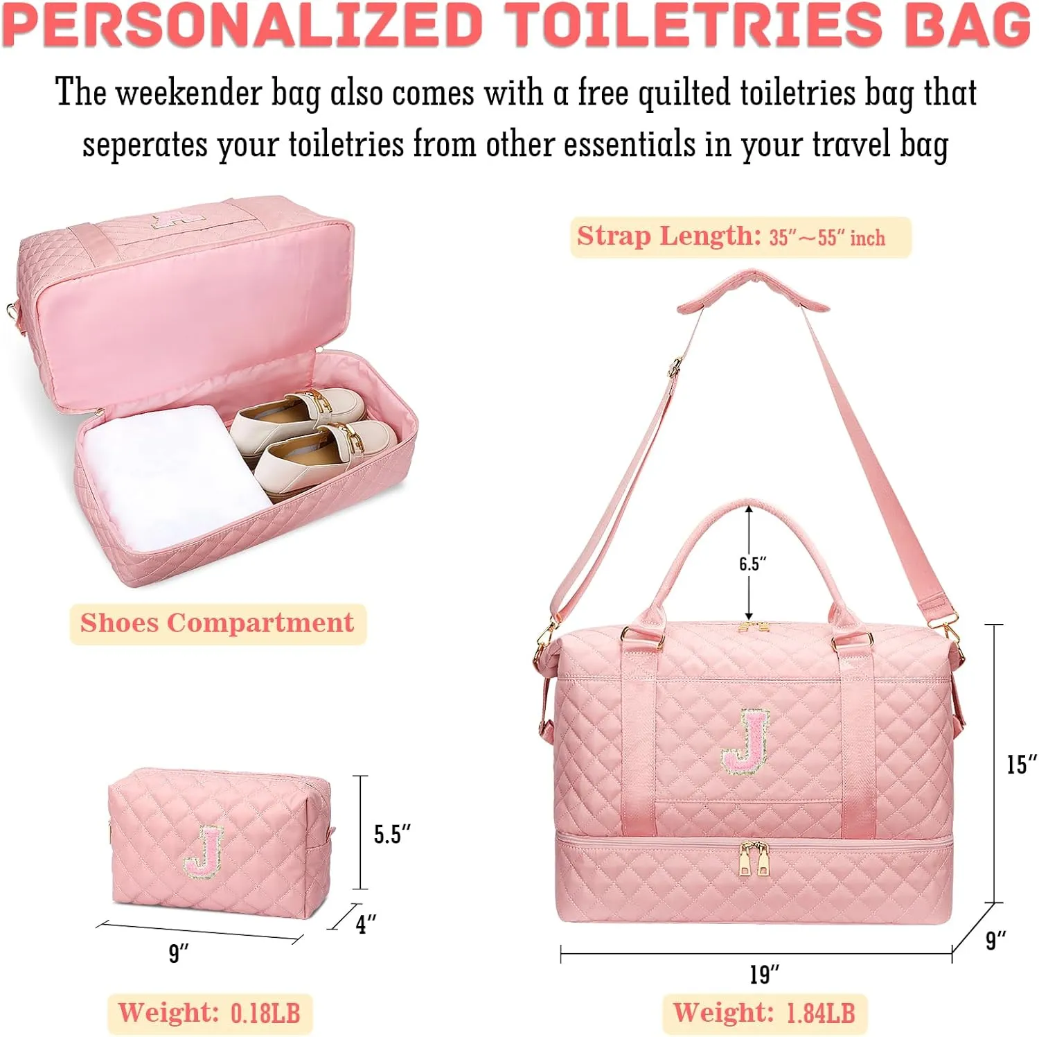Gifts for Women Initial Travel Duffle Bag Quilted Weekender Carry-On Overnight with Cosmetic Bag, Gym Bag with Shoe Compartment Hospital Bag for Labor Delivery, Pink J