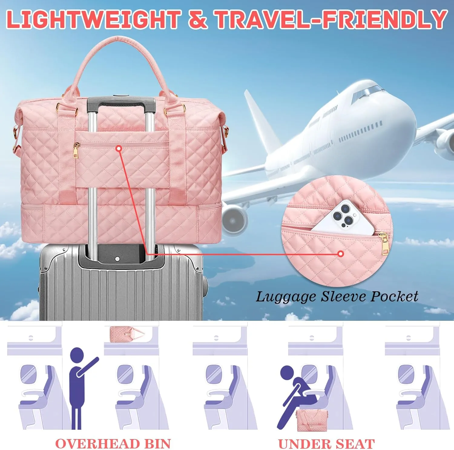 Gifts for Women Initial Travel Duffle Bag Quilted Weekender Carry-On Overnight with Cosmetic Bag, Gym Bag with Shoe Compartment Hospital Bag for Labor Delivery, Pink J