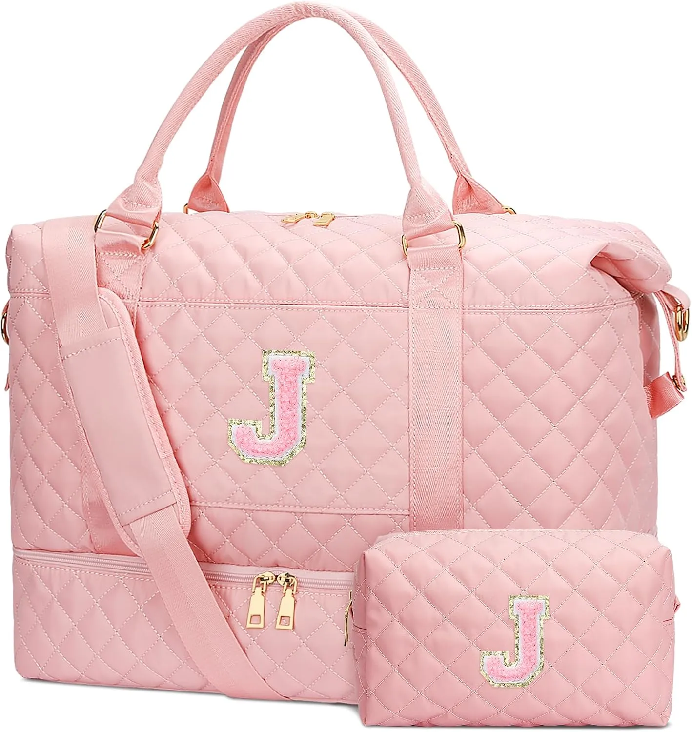 Gifts for Women Initial Travel Duffle Bag Quilted Weekender Carry-On Overnight with Cosmetic Bag, Gym Bag with Shoe Compartment Hospital Bag for Labor Delivery, Pink J