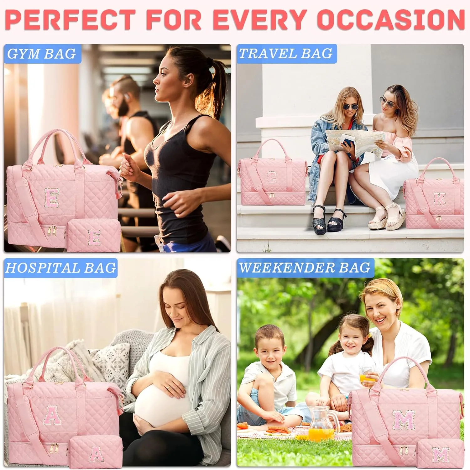 Gifts for Women Initial Travel Duffle Bag Quilted Weekender Carry-On Overnight with Cosmetic Bag, Gym Bag with Shoe Compartment Hospital Bag for Labor Delivery, Pink J