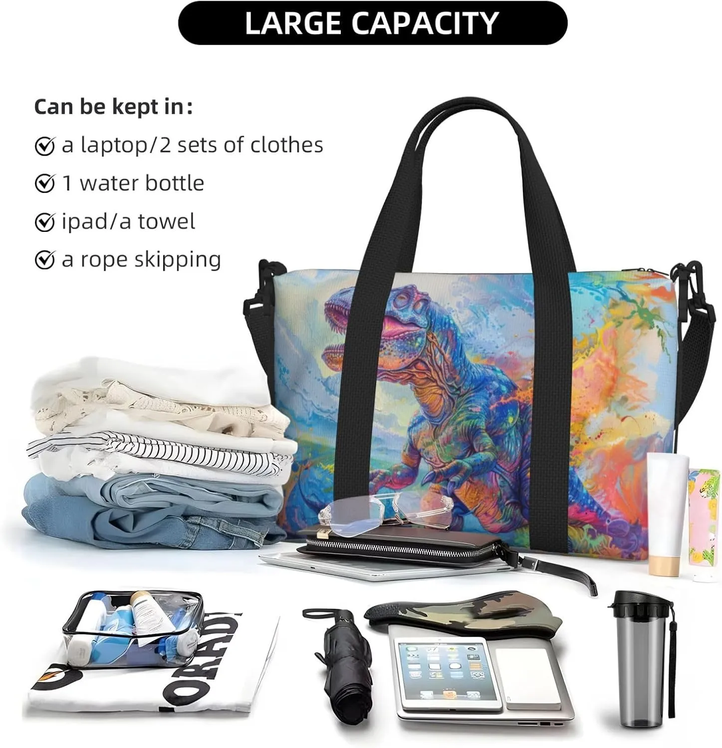 Giganotosau print Travel Duffel Bag, Sports Tote Gym Bag, Swim Pool Bag Large Shoulder Tote Bag for Beach Weekender, 202-406-121