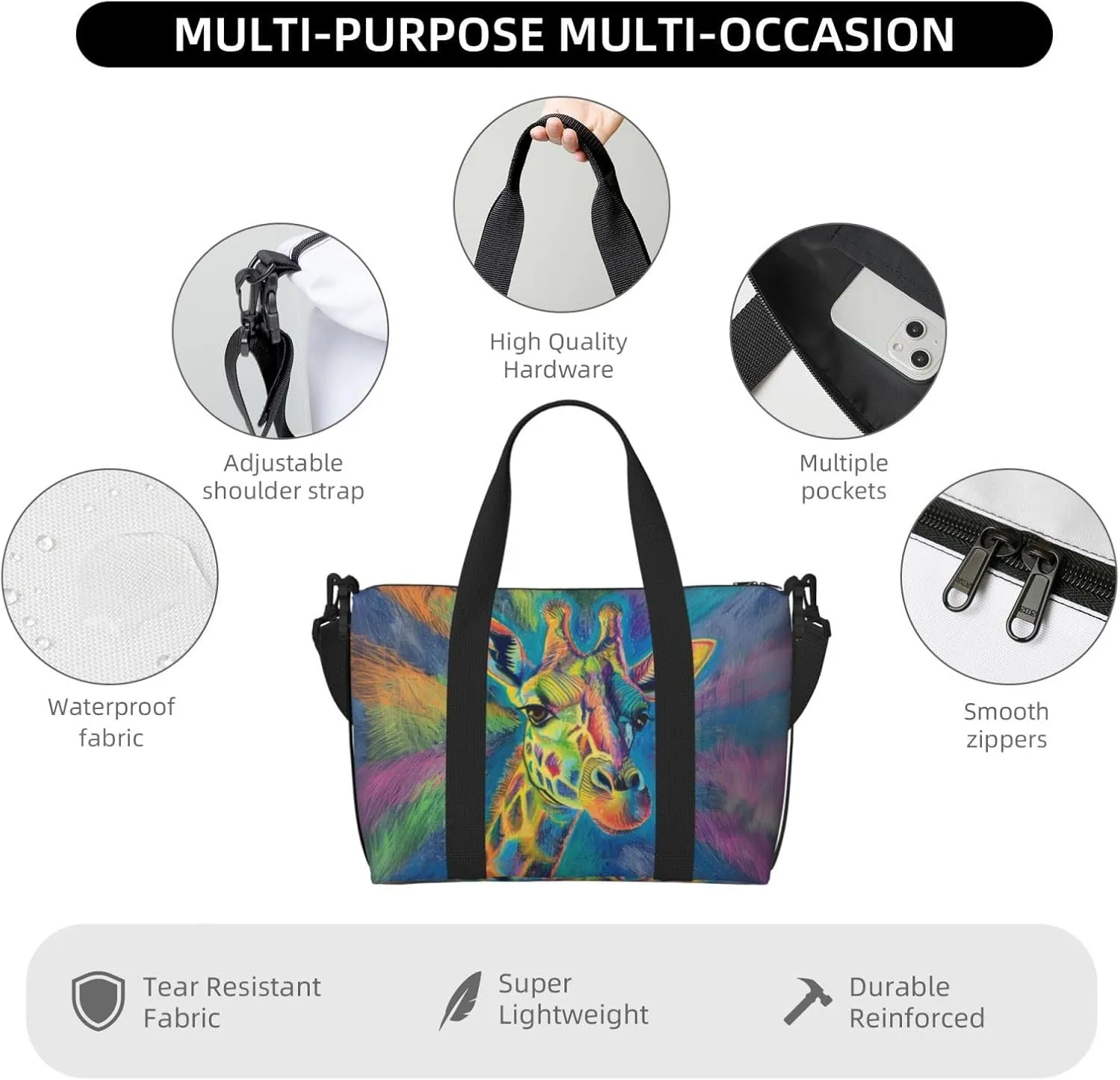 giraffe print Travel Duffel Bag, Sports Tote Gym Bag, Swim Pool Bag Large Shoulder Tote Bag for Beach Weekender