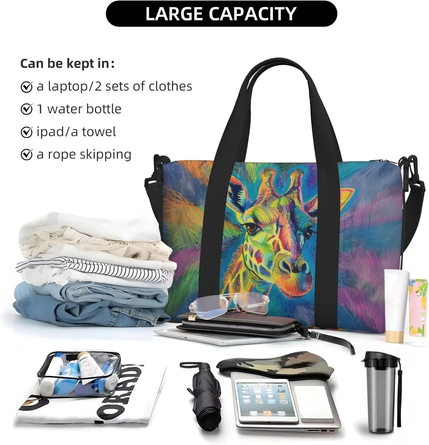 giraffe print Travel Duffel Bag, Sports Tote Gym Bag, Swim Pool Bag Large Shoulder Tote Bag for Beach Weekender