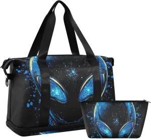 Glittering Aliens Black Gym Tote Bag Overnight Carry On Tote and Luggage with Toiletry Bag for Travel Large Capacity