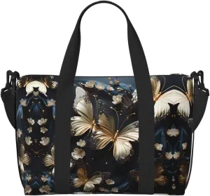 Gold White Butterflies Black Hand-held travel bag, messenger casual handbag, suitable for work, travel, fitness, tourism, women's zipper storage bag,