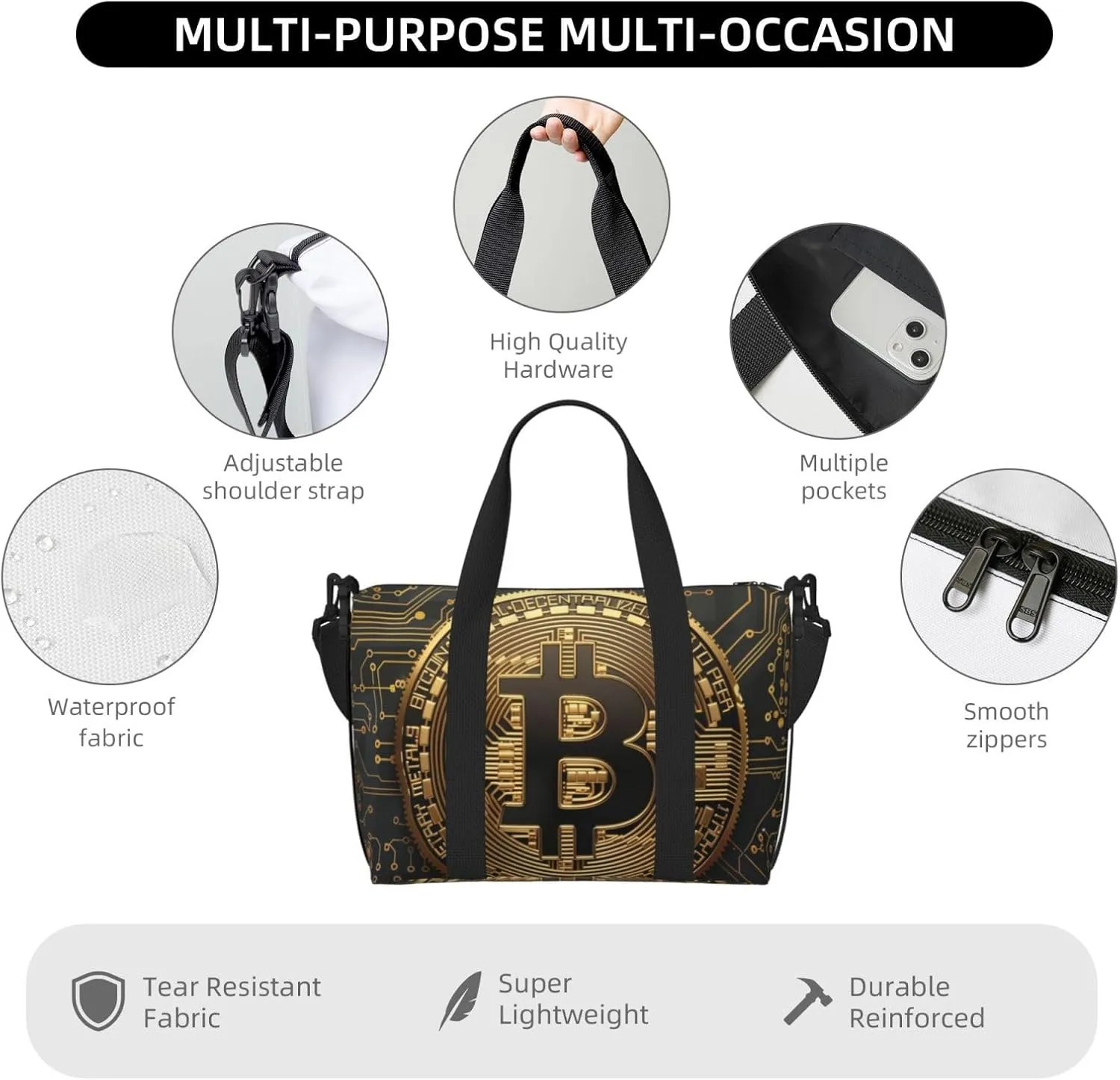 golden bitcoin print Travel Duffel Bag, Sports Tote Gym Bag, Swim Pool Bag Large Shoulder Tote Bag for Beach Weekender, 202-406-121