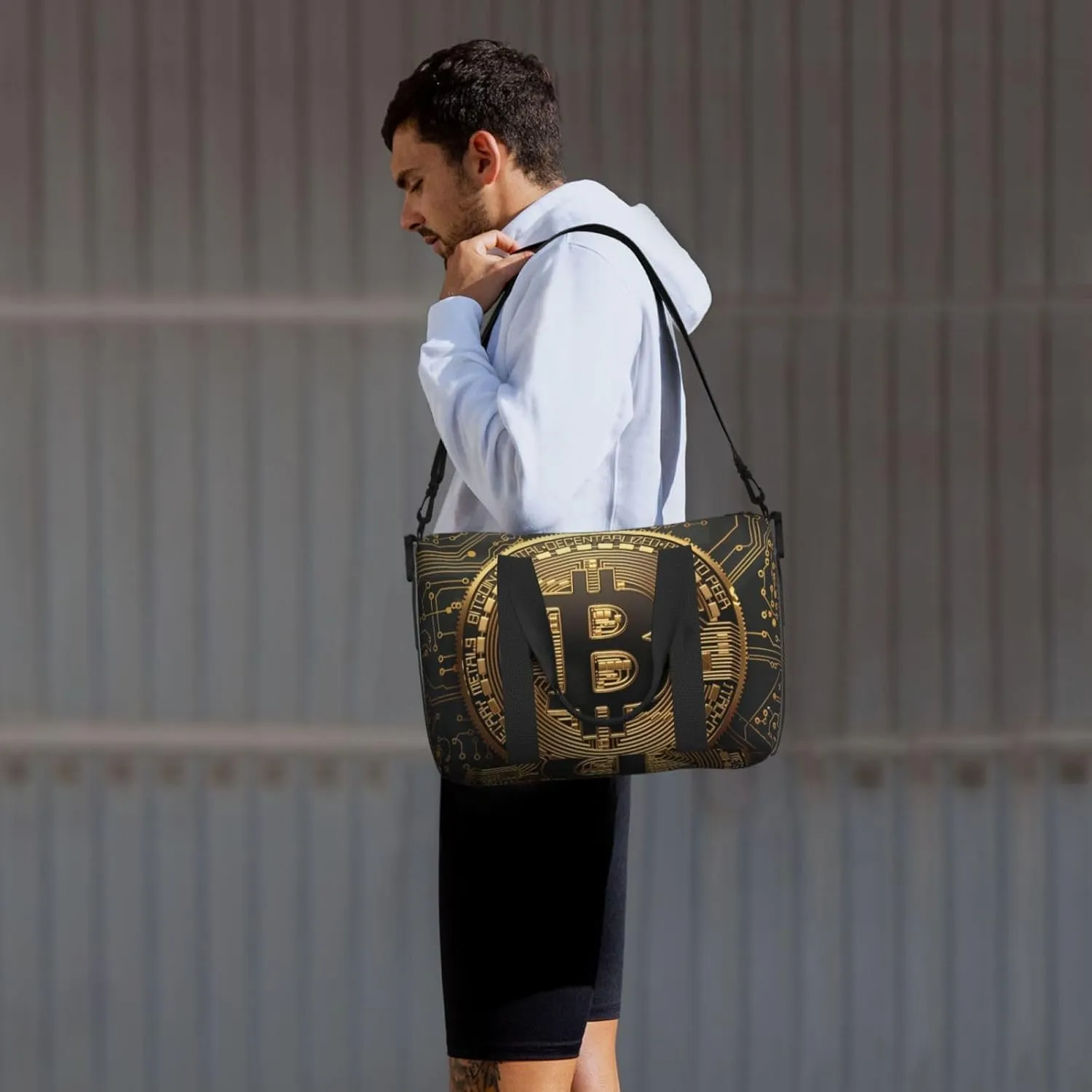 golden bitcoin print Travel Duffel Bag, Sports Tote Gym Bag, Swim Pool Bag Large Shoulder Tote Bag for Beach Weekender, 202-406-121