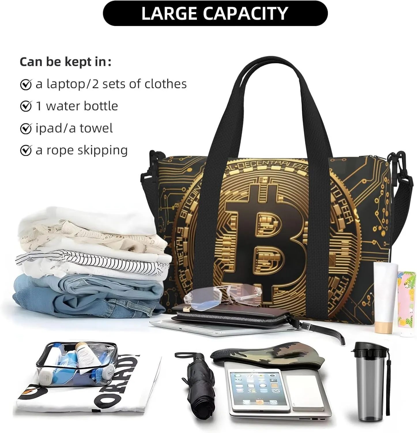 golden bitcoin print Travel Duffel Bag, Sports Tote Gym Bag, Swim Pool Bag Large Shoulder Tote Bag for Beach Weekender, 202-406-121