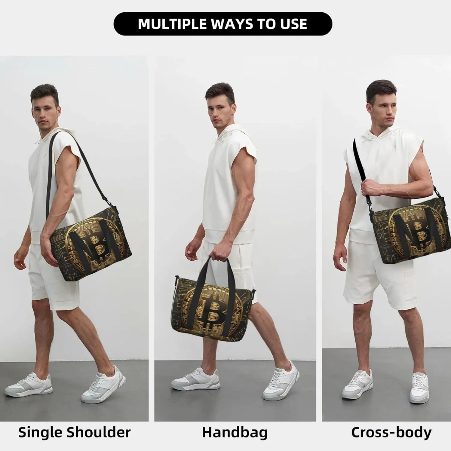 golden bitcoin print Travel Duffel Bag, Sports Tote Gym Bag, Swim Pool Bag Large Shoulder Tote Bag for Beach Weekender, 202-406-121
