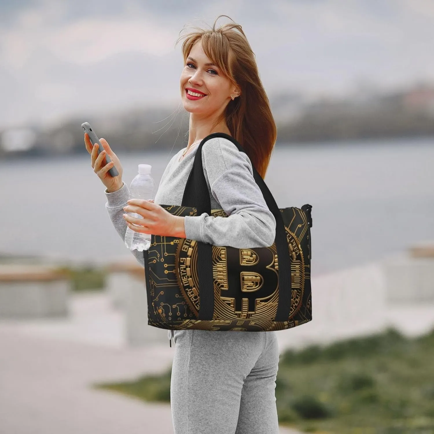 golden bitcoin print Travel Duffel Bag, Sports Tote Gym Bag, Swim Pool Bag Large Shoulder Tote Bag for Beach Weekender, 202-406-121