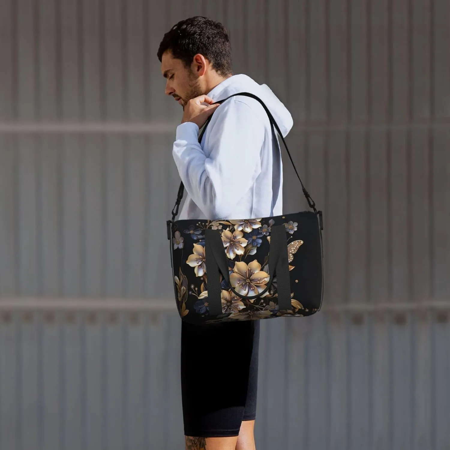 golden floral print Travel Duffel Bag, Sports Tote Gym Bag, Swim Pool Bag Large Shoulder Tote Bag for Beach Weekender