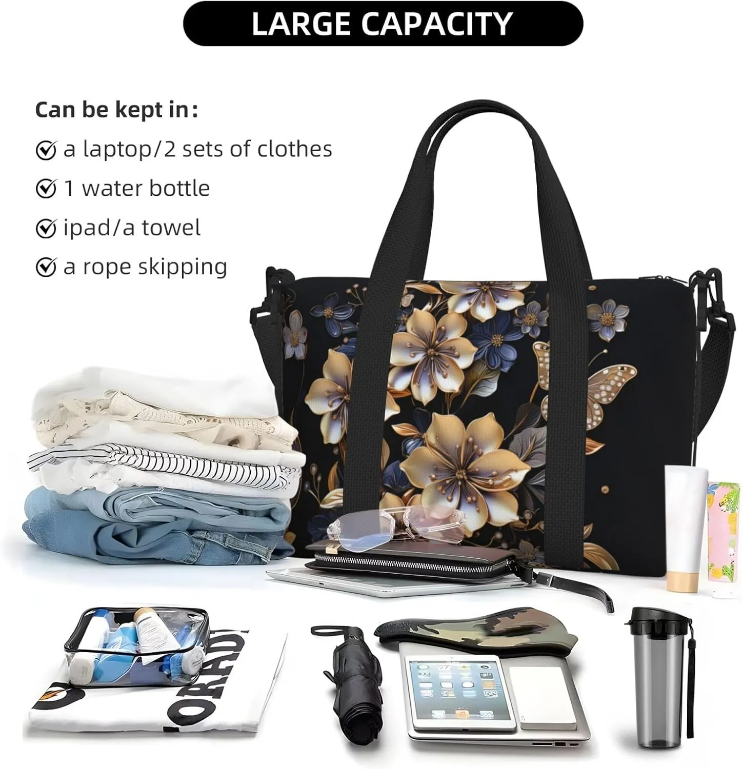 golden floral print Travel Duffel Bag, Sports Tote Gym Bag, Swim Pool Bag Large Shoulder Tote Bag for Beach Weekender