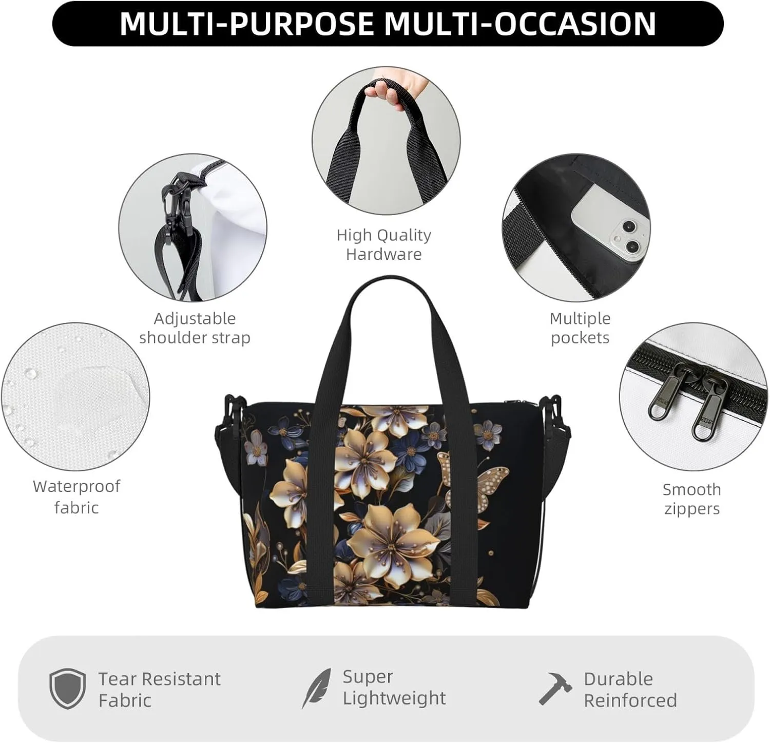 golden floral print Travel Duffel Bag, Sports Tote Gym Bag, Swim Pool Bag Large Shoulder Tote Bag for Beach Weekender