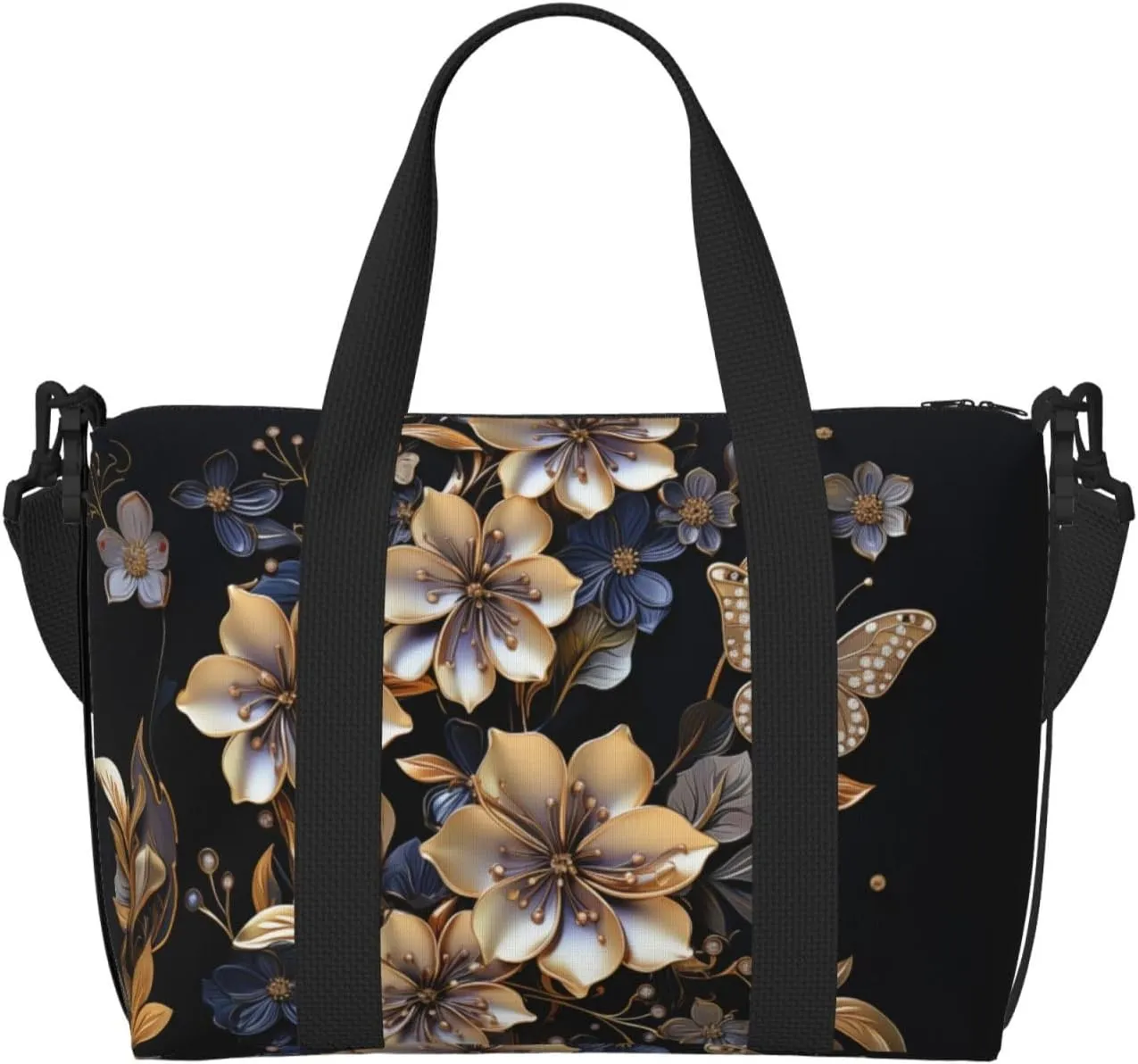 golden floral print Travel Duffel Bag, Sports Tote Gym Bag, Swim Pool Bag Large Shoulder Tote Bag for Beach Weekender