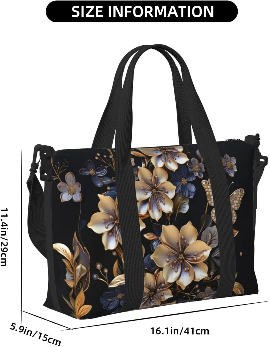 golden floral print Travel Duffel Bag, Sports Tote Gym Bag, Swim Pool Bag Large Shoulder Tote Bag for Beach Weekender