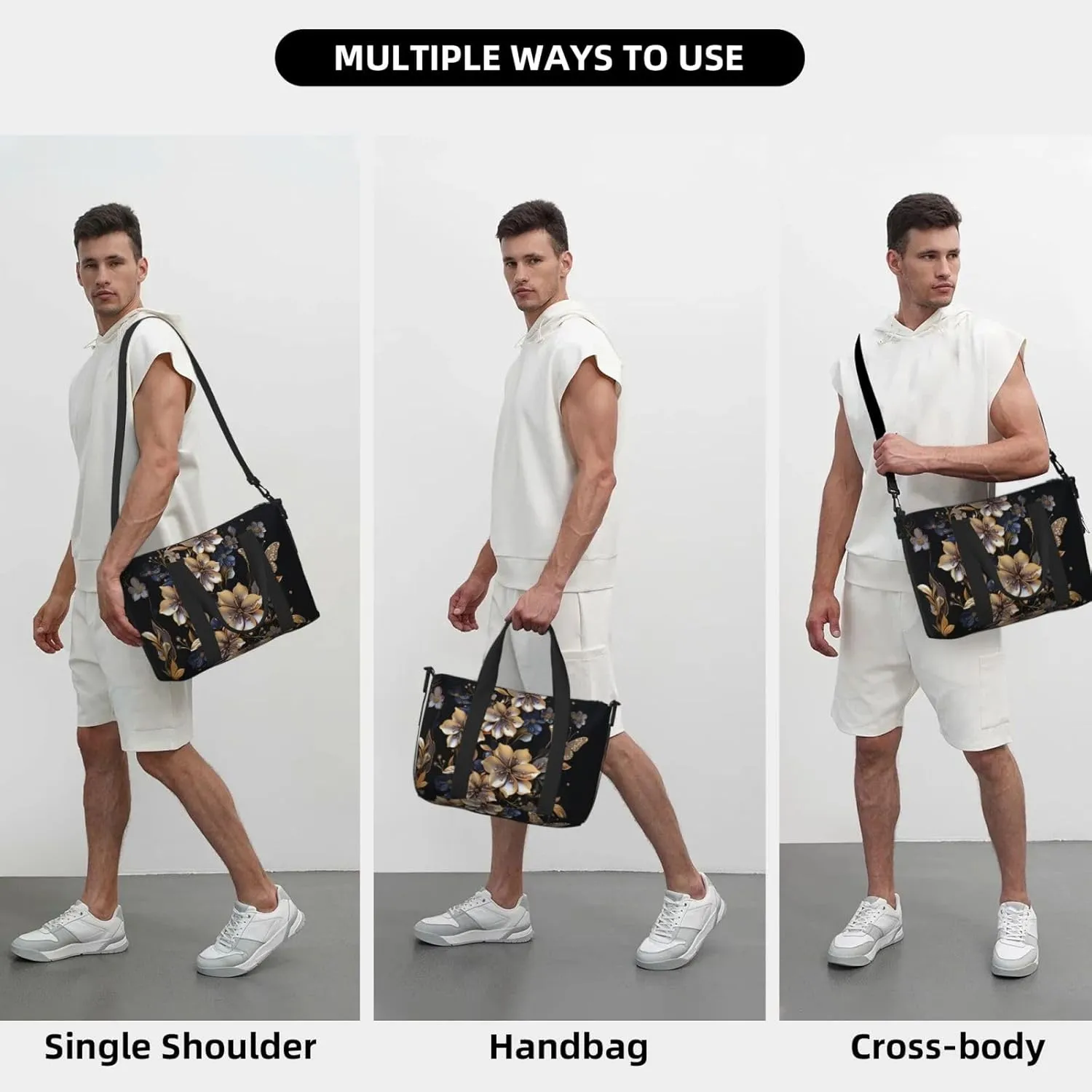 golden floral print Travel Duffel Bag, Sports Tote Gym Bag, Swim Pool Bag Large Shoulder Tote Bag for Beach Weekender