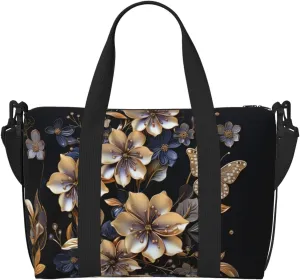 golden floral print Travel Duffel Bag, Sports Tote Gym Bag, Swim Pool Bag Large Shoulder Tote Bag for Beach Weekender