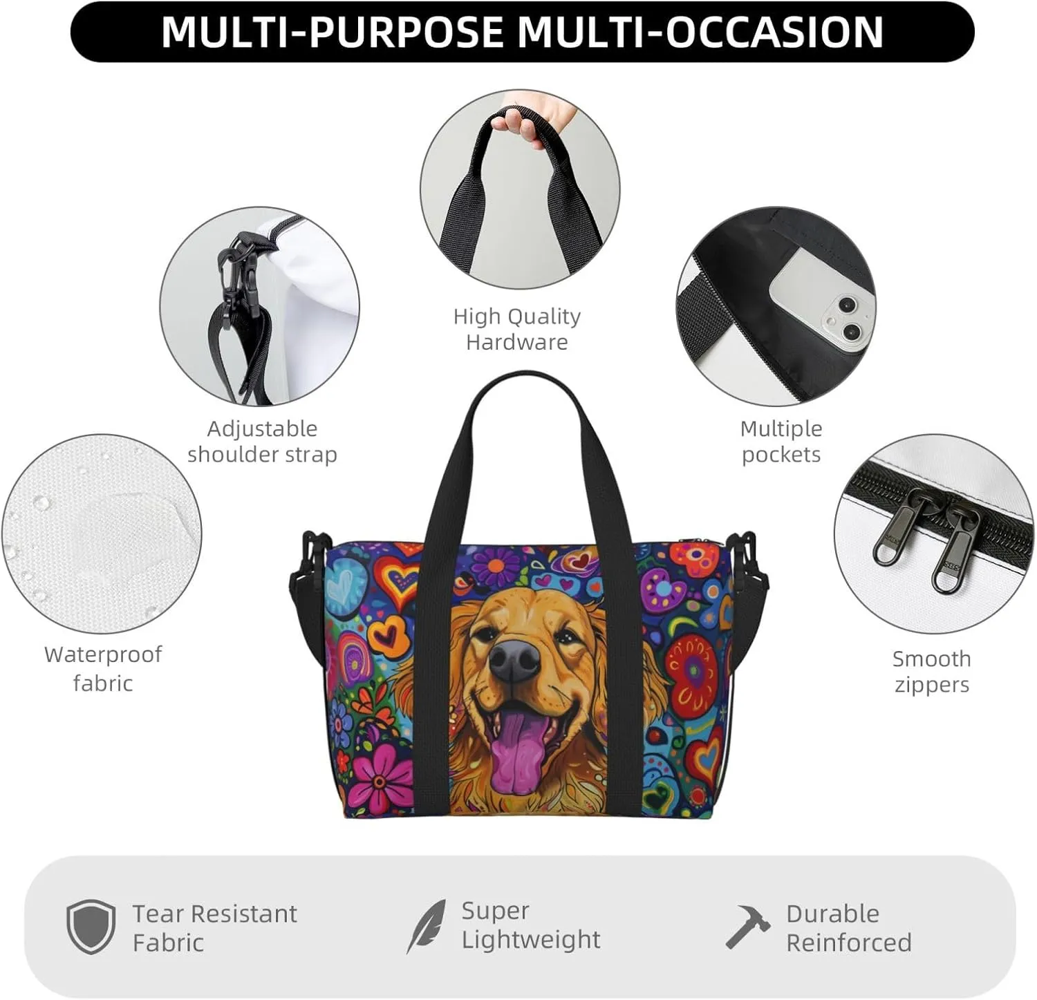Golden Retriever print Travel Duffel Bag, Sports Tote Gym Bag, Swim Pool Bag Large Shoulder Tote Bag for Beach Weekender, 202-406-121