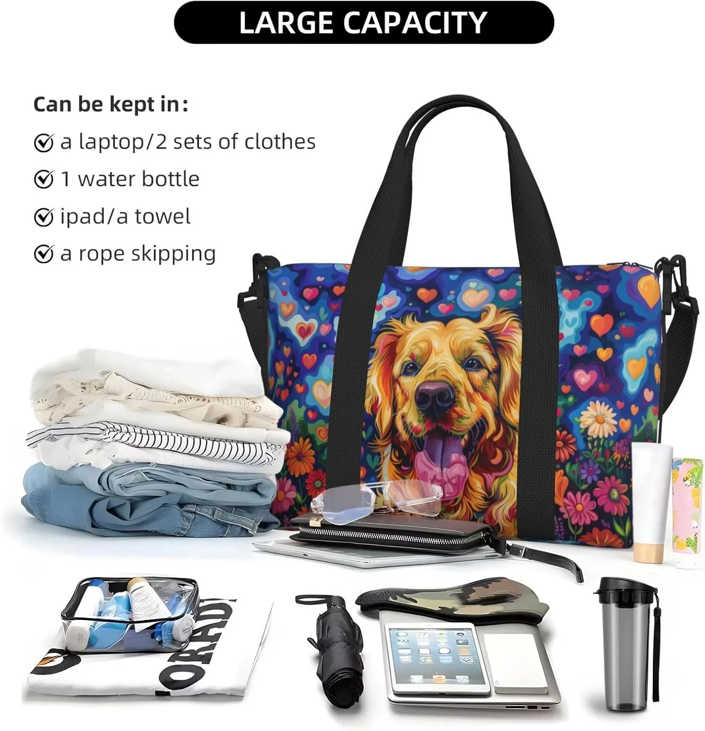 Golden Retriever print Travel Duffel Bag, Sports Tote Gym Bag, Swim Pool Bag Large Shoulder Tote Bag for Beach Weekender, 202-406-121