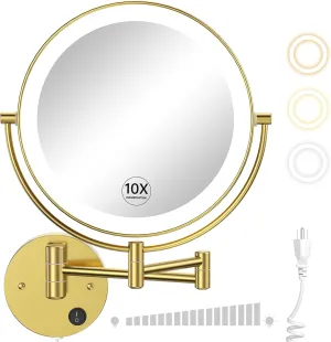 Gospire 9” Wall Mounted Lighted Magnifying Mirror, 1X/10X Magnification Double-Sided LED Bathroom Mirror, 3 Color Lights & Stepless Dimming with Touch Sensor, Extendable Arm 360° Swivel for Shaving