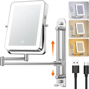 Gospire Height Adjustable Wall Mounted Lighted Makeup Mirror with Hooks, 3000mAh Rechargeable with 1X/10X Magnification, 3 Light Colors and Stepless Dimming for Bathroom