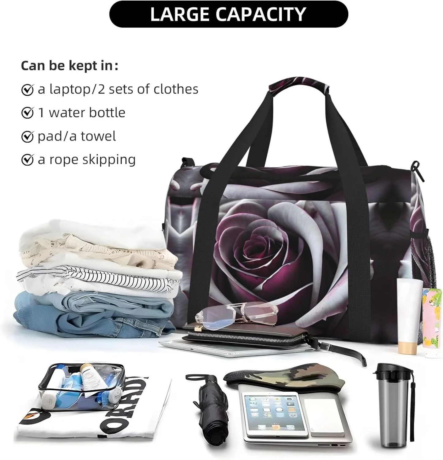 Gothic Rose Flower Travel Duffel Bag With Zippers And Handles, Big Foldable Duffle Bag For Family Vacations