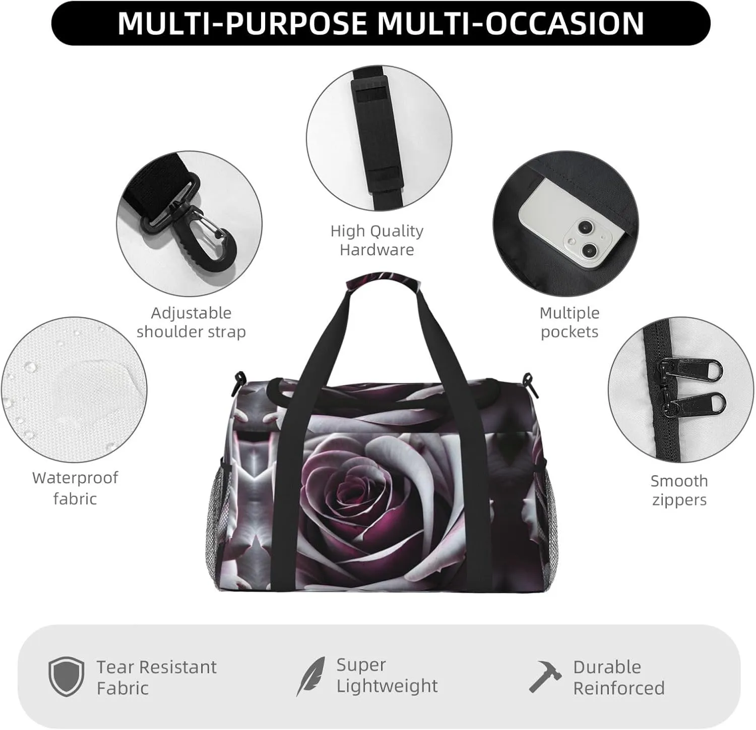 Gothic Rose Flower Travel Duffel Bag With Zippers And Handles, Big Foldable Duffle Bag For Family Vacations