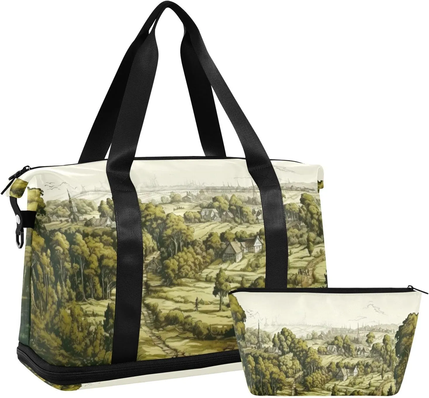 Green Village Gym Bag - Weekender Overnight Bags for Women Men, Sport Travel Duffel Bag with Wet Pocket & Shoe Compartment