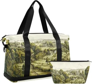 Green Village Gym Bag - Weekender Overnight Bags for Women Men, Sport Travel Duffel Bag with Wet Pocket & Shoe Compartment