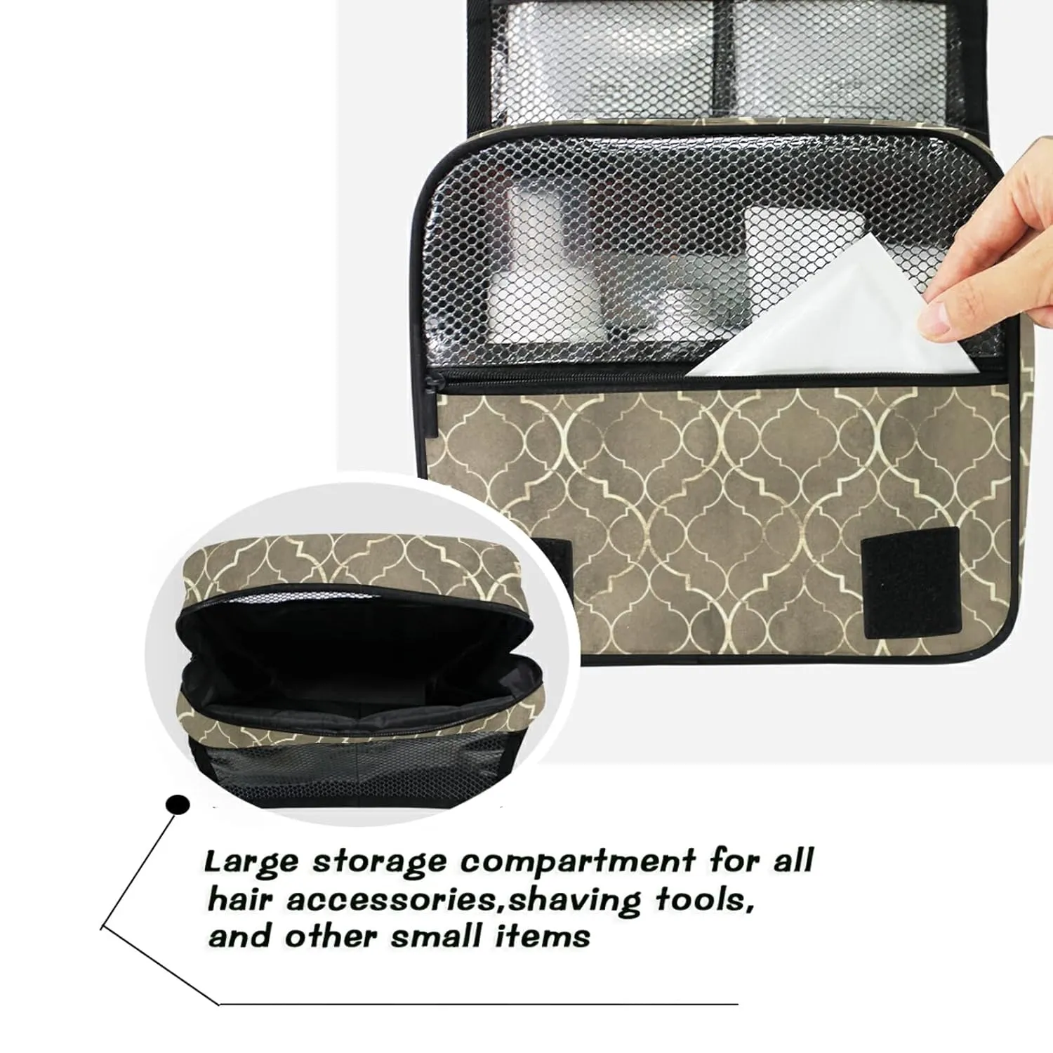 Grey Monochrome Tribal Ethnic Indian Elephant Peacock Feather Travel Cosmetic Bag, Hanging Toiletry Wash bag, Portable Makeup Organizer Brush Case, Storage Bag with Hook for Bathroom Toilet