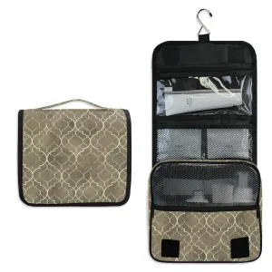 Grey Monochrome Tribal Ethnic Indian Elephant Peacock Feather Travel Cosmetic Bag, Hanging Toiletry Wash bag, Portable Makeup Organizer Brush Case, Storage Bag with Hook for Bathroom Toilet