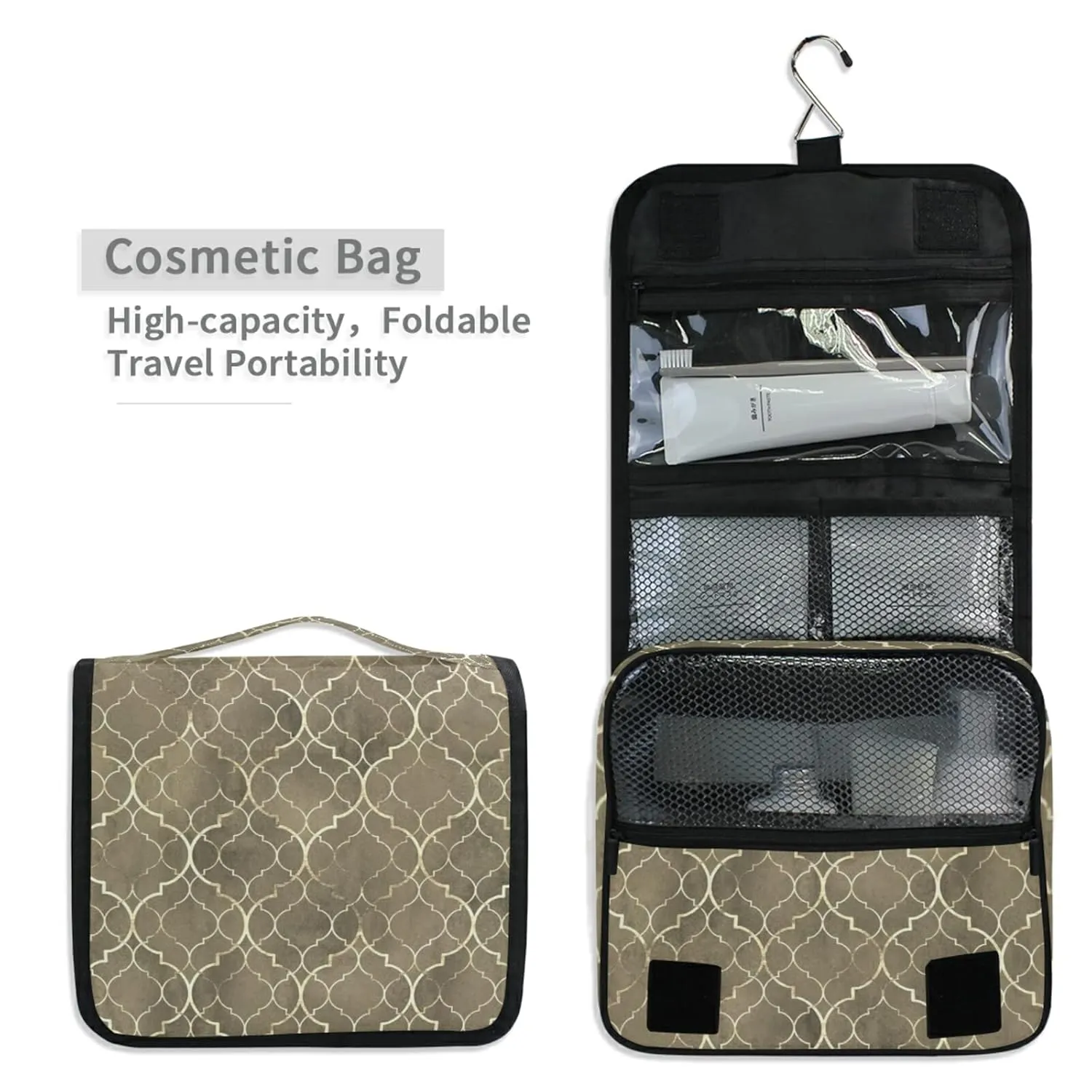 Grey Monochrome Tribal Ethnic Indian Elephant Peacock Feather Travel Cosmetic Bag, Hanging Toiletry Wash bag, Portable Makeup Organizer Brush Case, Storage Bag with Hook for Bathroom Toilet