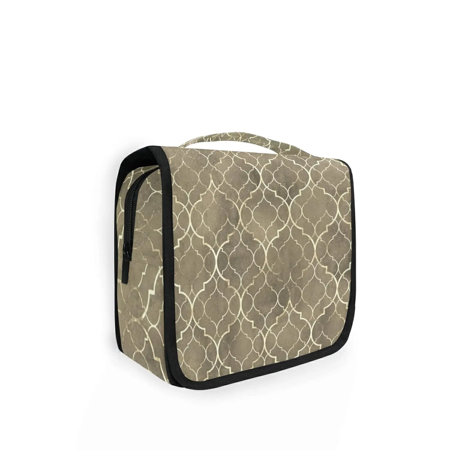 Grey Monochrome Tribal Ethnic Indian Elephant Peacock Feather Travel Cosmetic Bag, Hanging Toiletry Wash bag, Portable Makeup Organizer Brush Case, Storage Bag with Hook for Bathroom Toilet
